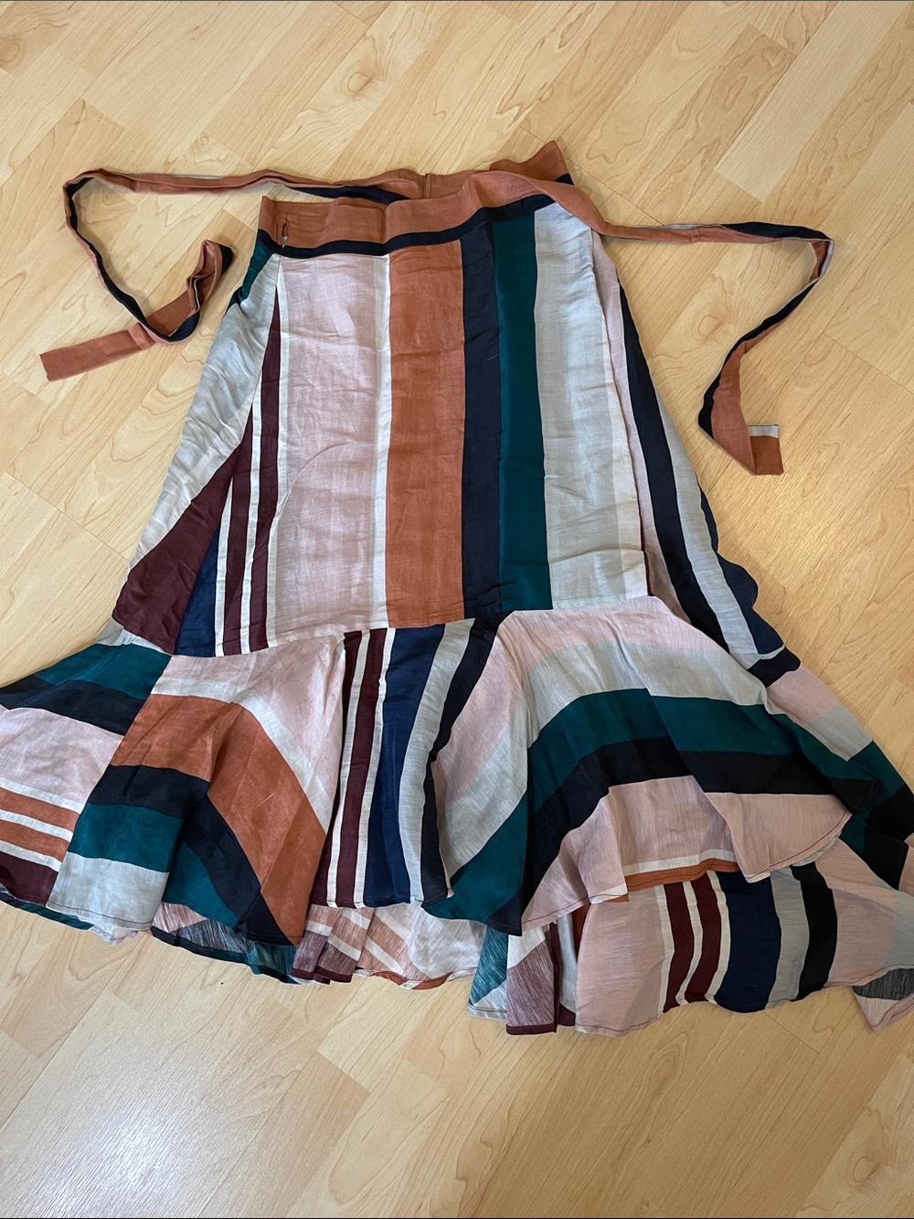 Apiece Apart 85% Linen 15% Silk Striped Ruffle Midi Skirt in Rust, Teal and Navy